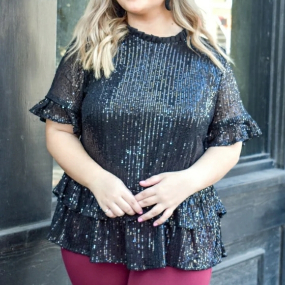 Perfectly Priscilla Tops - MIDNIGHT TOASTS SEQUIN TOP - BLACK New